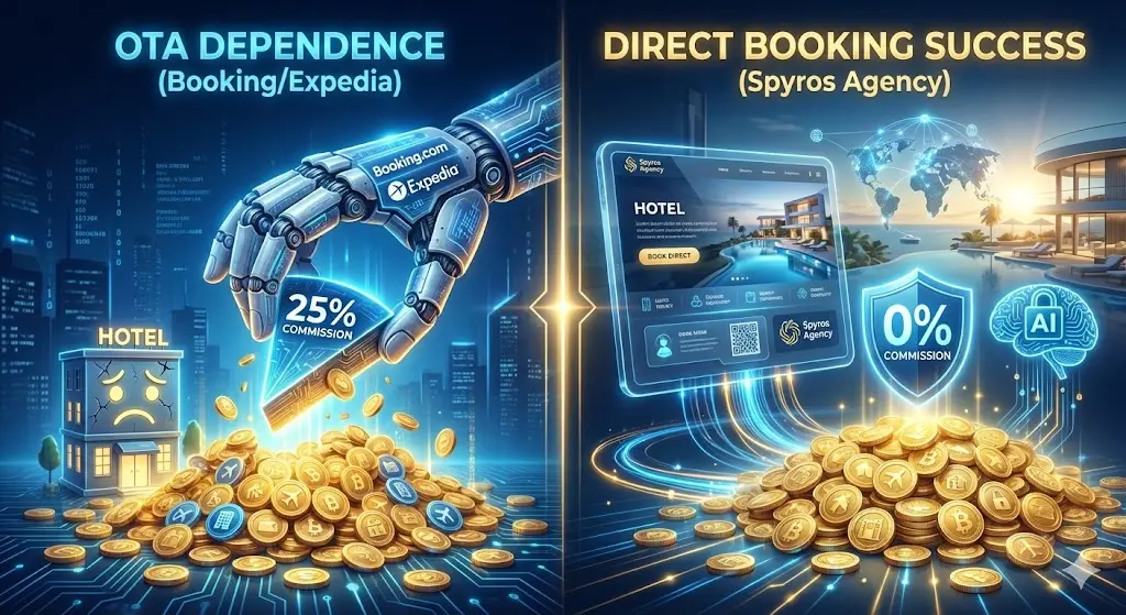 Απευθείας Κρατήσεις vs. Booking.com: Πώς να Μειώσετε τις Προμήθειες των OTAs με AI & Web Design.