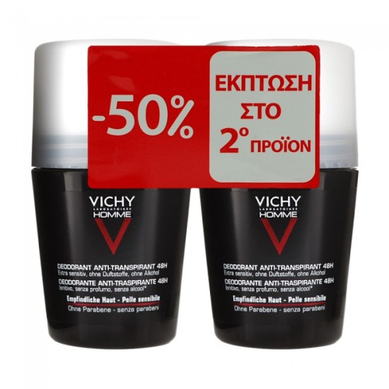 Vichy Homme Deo Bille Anti-Transpirant Peaux Sensibles Roll On 48h 50ml & 50% Επιπλέον Προϊόν